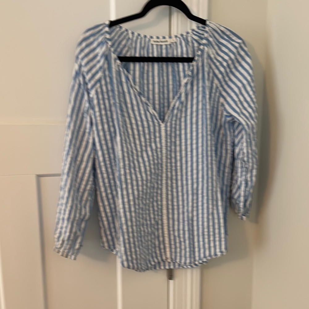 Blue and White Puff Sleeve Blouse with 3/4 Length